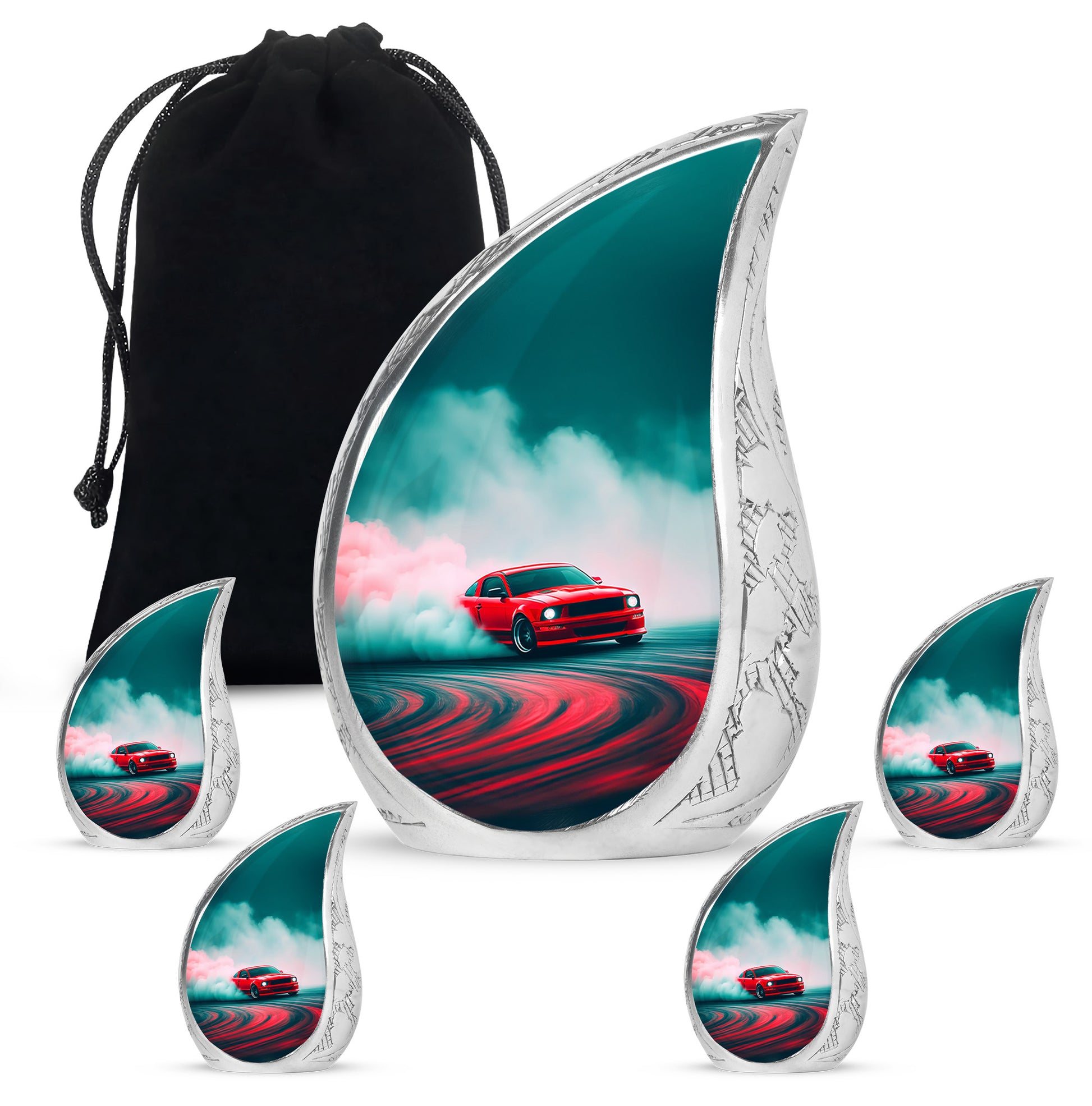 Aqua Teal Car Cremation Urn side profile showing urn shape - smooth teardrop contour featuring car art - memorial set with one large and four small urns