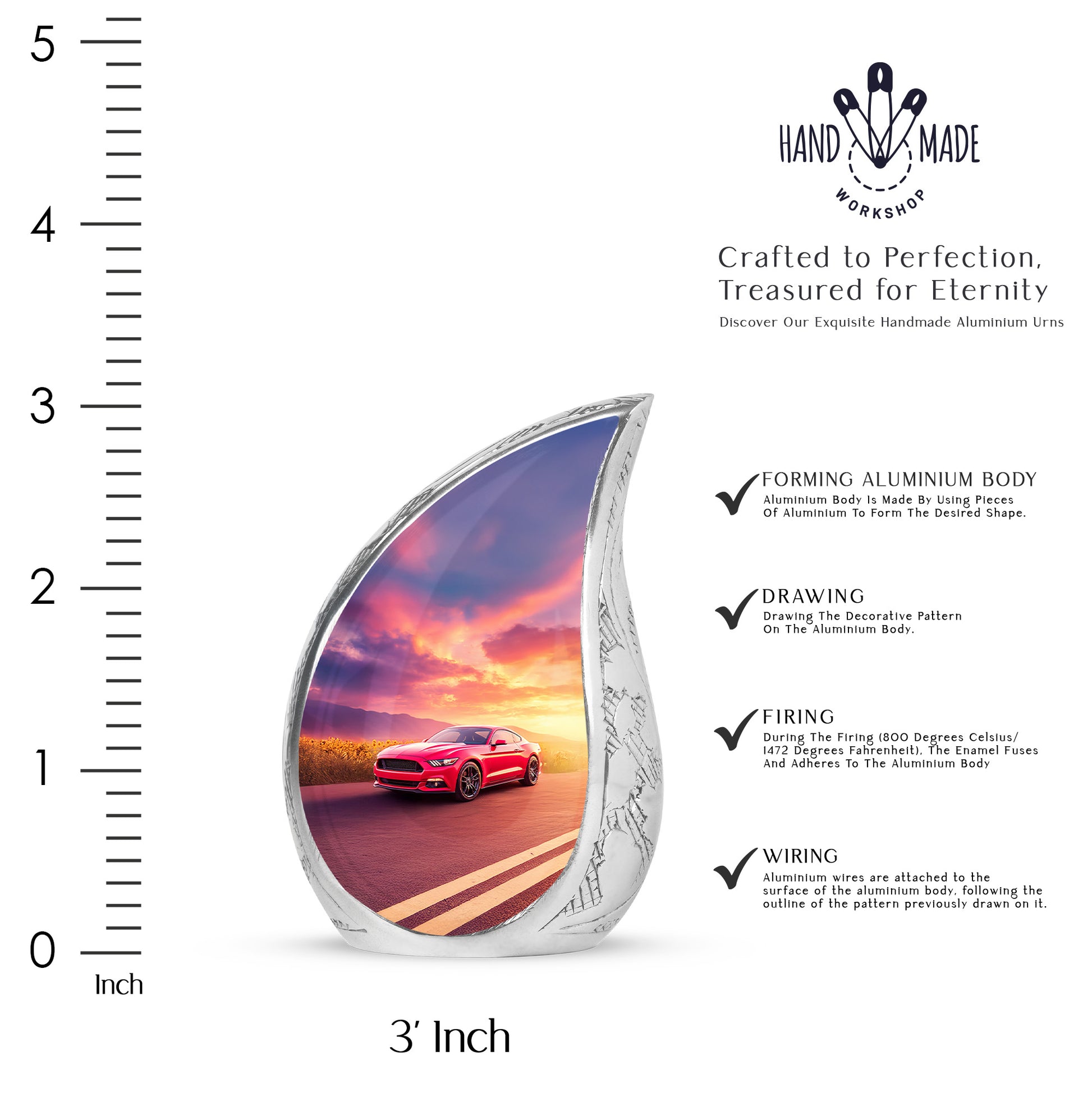 Indigo Car Cremation Urn angled view of lid and engraved motif - flowing teardrop car silhouette on curved aluminum - mini keepsake memorial for portion of cremation ashes