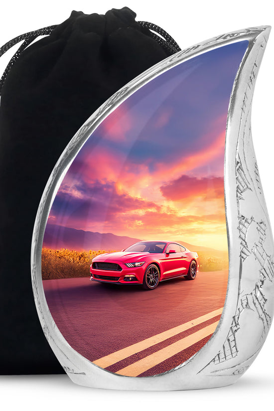 Steel Blue Car Cremation Urn front view showing detailed design - smooth teardrop contour featuring car art - full-size 10 inch 200 cubic inch adult cremation urn
