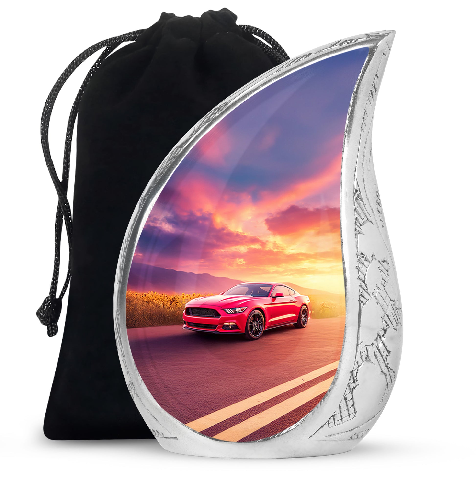 Steel Blue Car Cremation Urn front view showing detailed design - smooth teardrop contour featuring car art - full-size 10 inch 200 cubic inch adult cremation urn