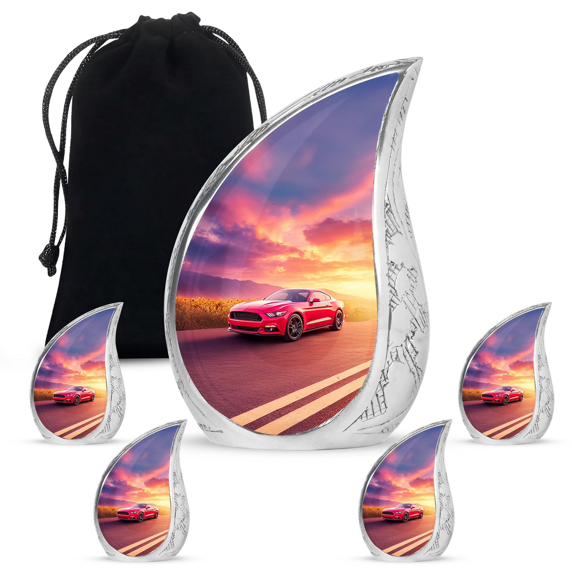 Soft Blue Car Cremation Urn side profile showing urn shape - graceful tear-shaped urn with car motif - memorial set with one large and four small urns