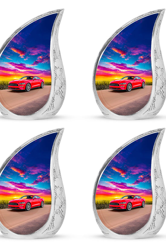 Slate Blue Car Cremation Urn close-up of engraving and surface detail - rounded teardrop car design with delicate detail - 10 inch aluminum urn for cremated remains