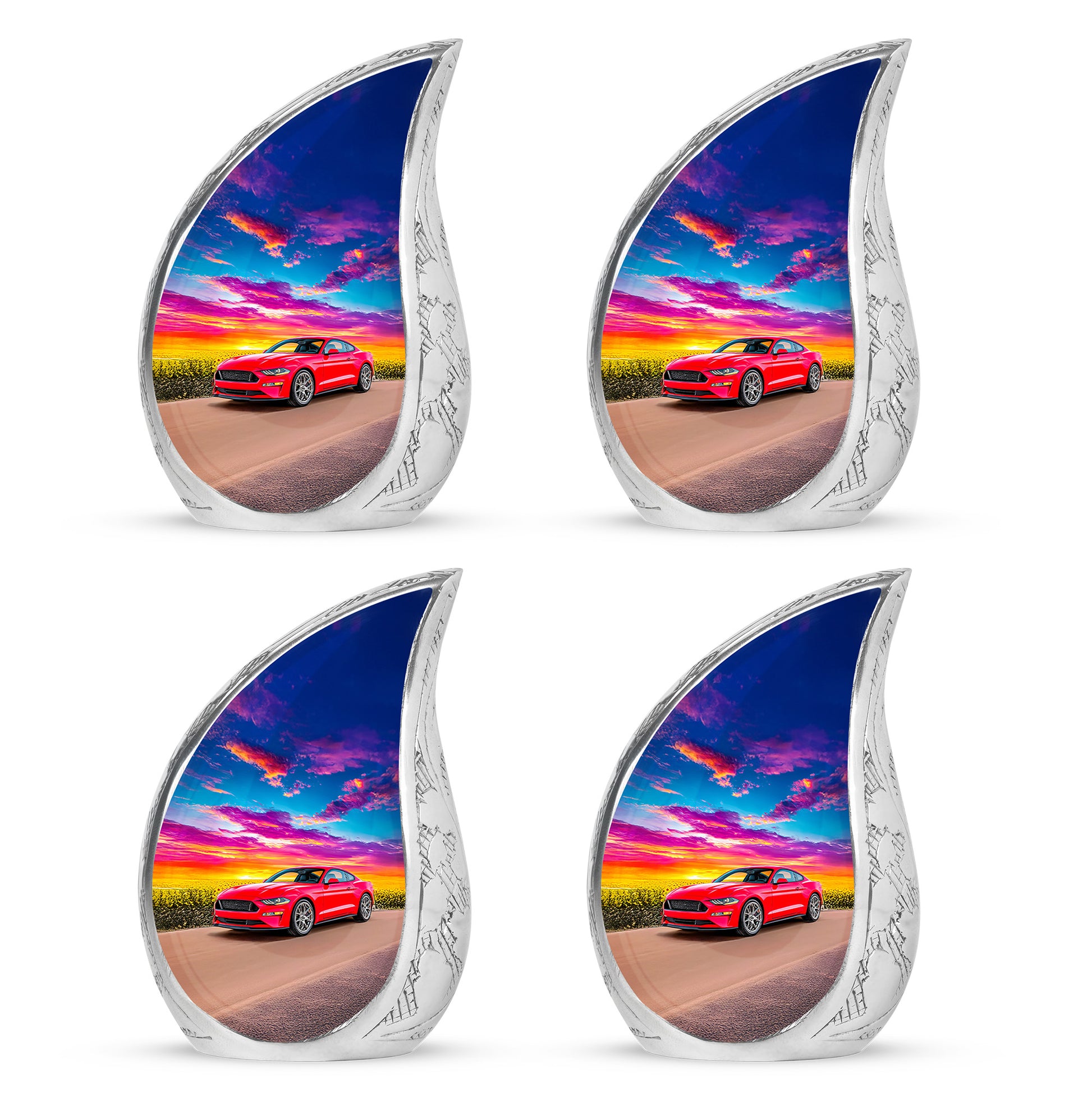 Slate Blue Car Cremation Urn close-up of engraving and surface detail - rounded teardrop car design with delicate detail - 10 inch aluminum urn for cremated remains