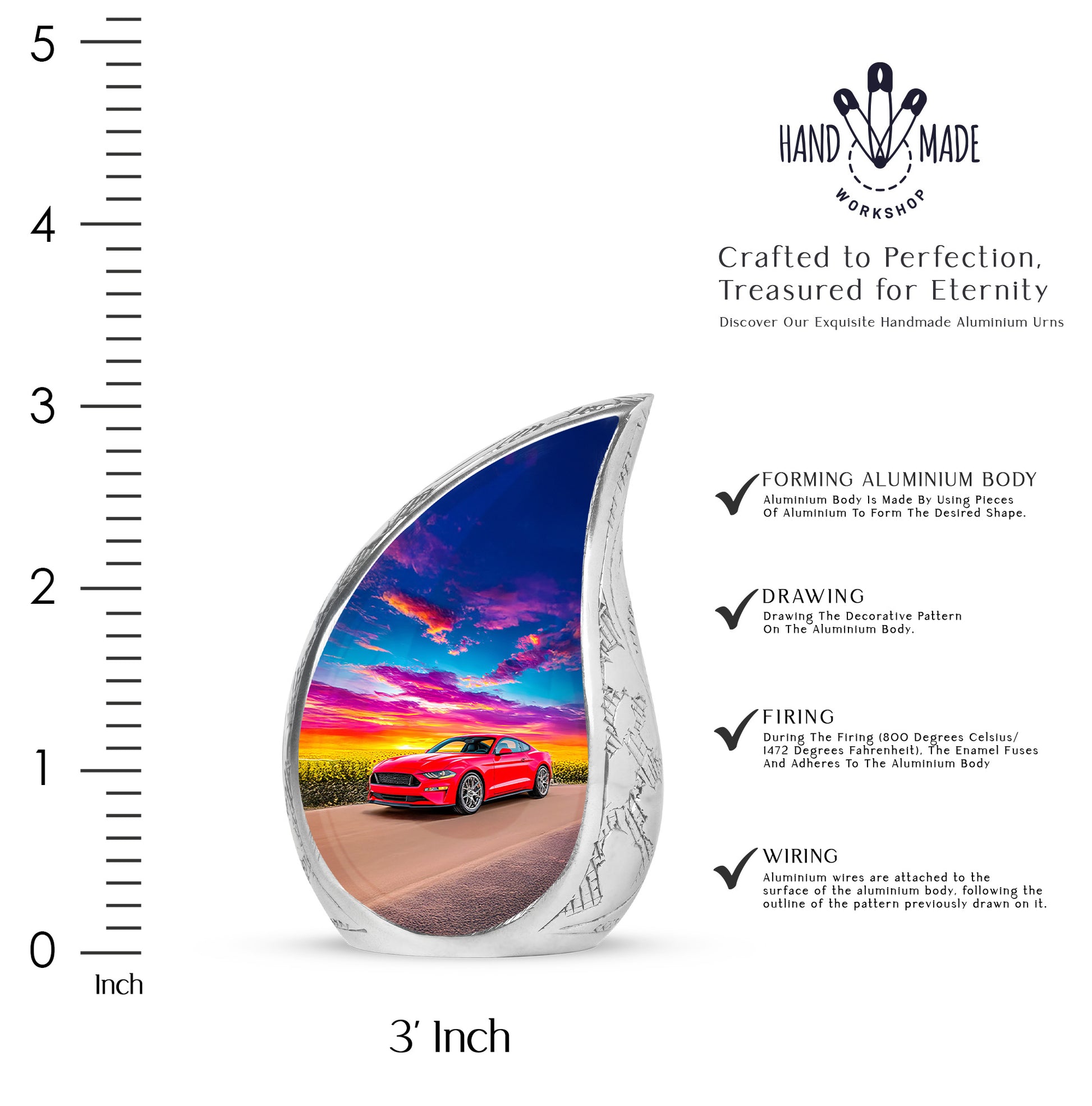 Vivid Blue Car Cremation Urn angled view of lid and engraved motif - smooth teardrop contour featuring car art - mini keepsake memorial for portion of cremation ashes