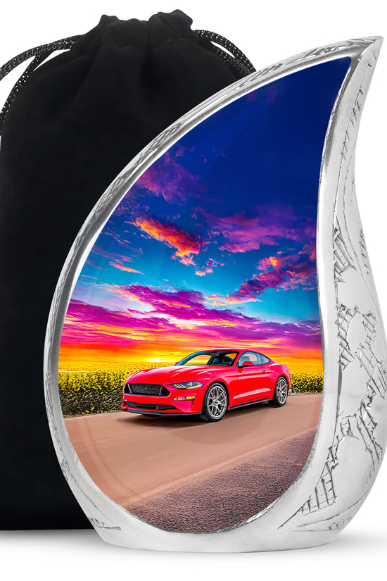 Sky Blue Car Cremation Urn front view showing detailed design - rounded teardrop car design with delicate detail - full-size 10 inch 200 cubic inch adult cremation urn