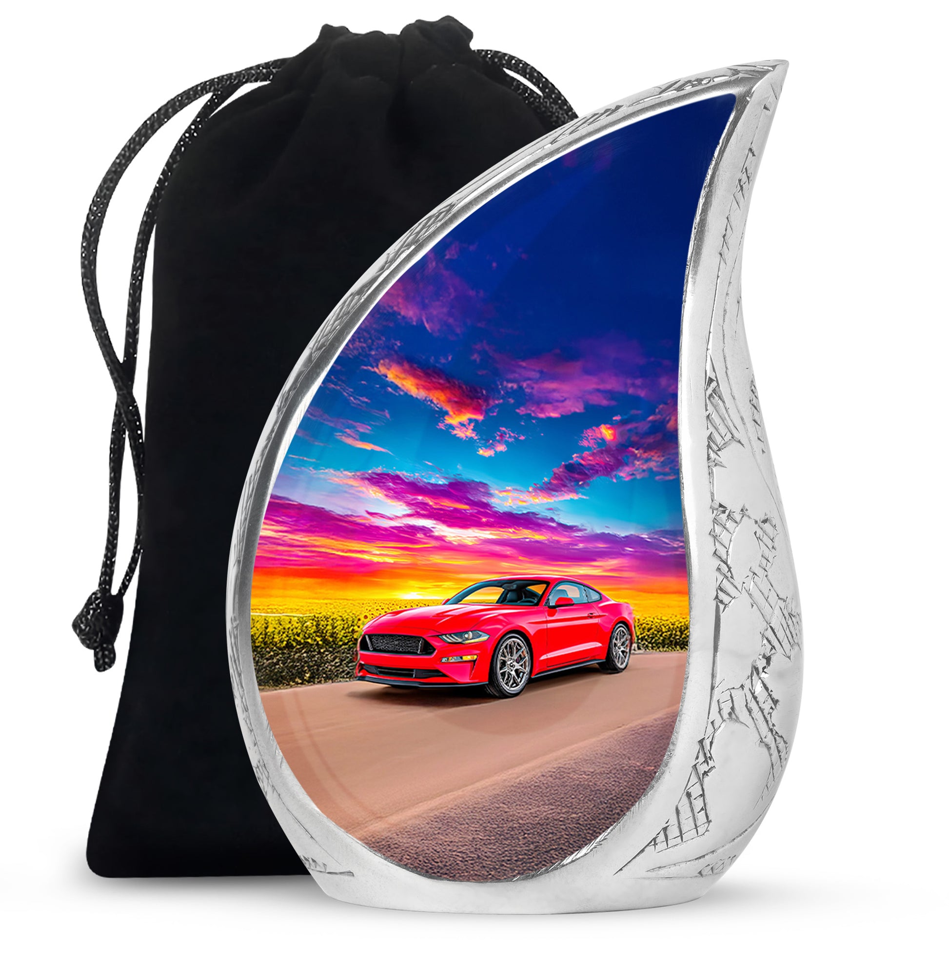 Sky Blue Car Cremation Urn front view showing detailed design - rounded teardrop car design with delicate detail - full-size 10 inch 200 cubic inch adult cremation urn