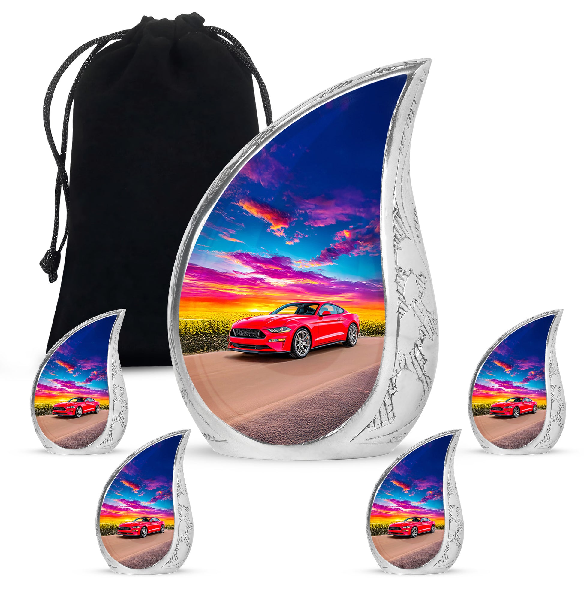 Indigo Car Cremation Urn side profile showing urn shape - flowing teardrop car silhouette on curved aluminum - memorial set with one large and four small urns