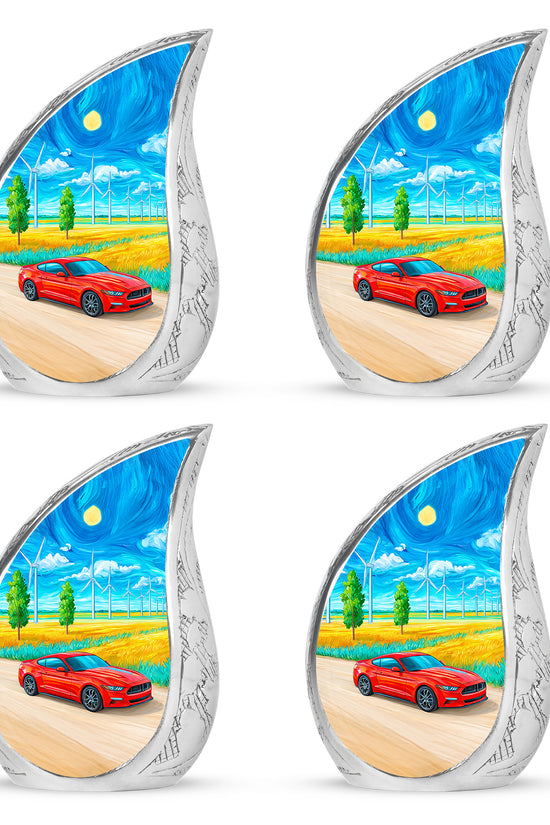 Royal Blue Car Cremation Urn close-up of engraving and surface detail - smooth teardrop contour featuring car art - 10 inch aluminum urn for cremated remains