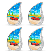 Royal Blue Car Cremation Urn close-up of engraving and surface detail - smooth teardrop contour featuring car art - 10 inch aluminum urn for cremated remains