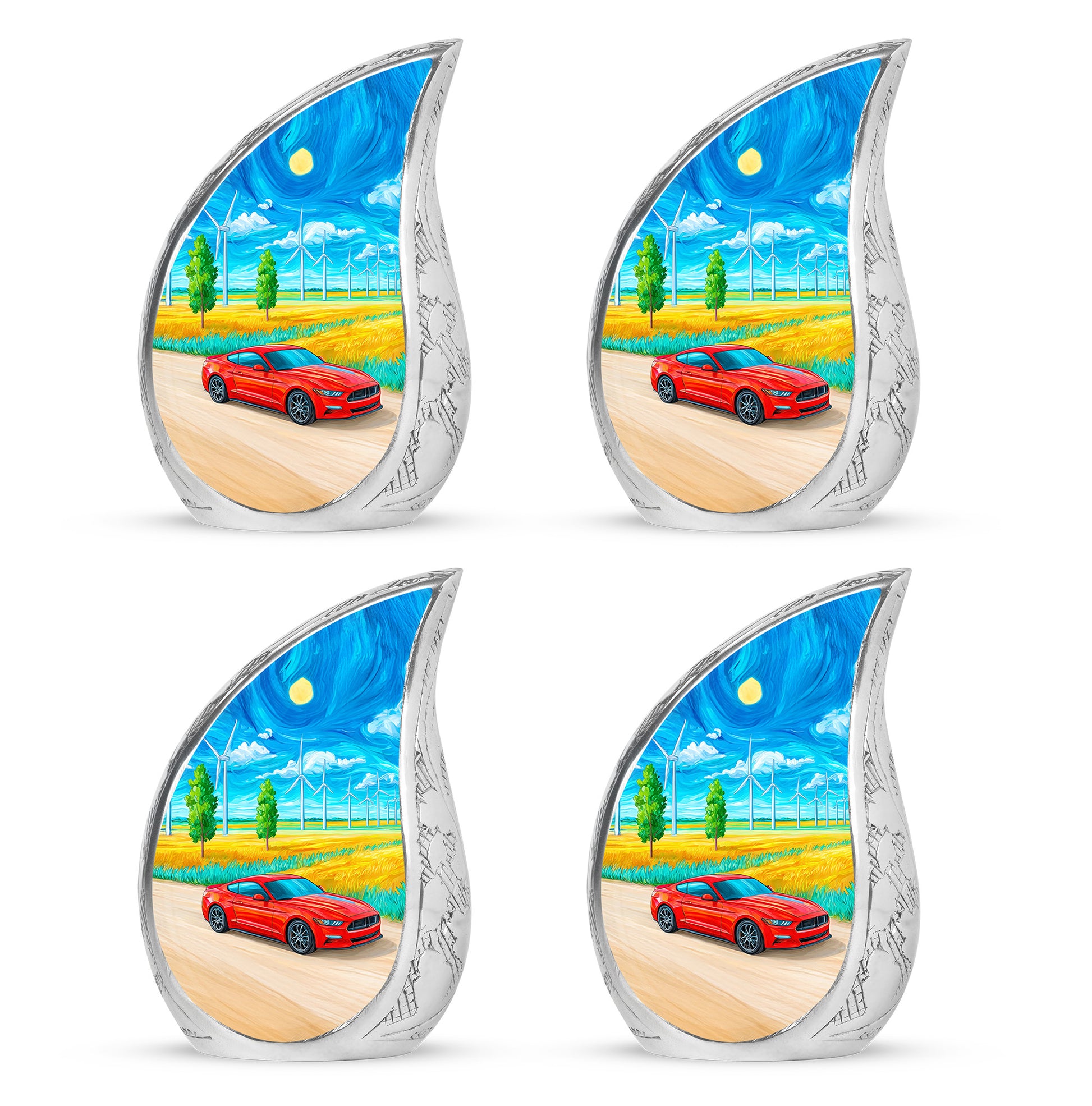 Royal Blue Car Cremation Urn close-up of engraving and surface detail - smooth teardrop contour featuring car art - 10 inch aluminum urn for cremated remains