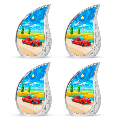 Royal Blue Car Cremation Urn close-up of engraving and surface detail - smooth teardrop contour featuring car art - 10 inch aluminum urn for cremated remains