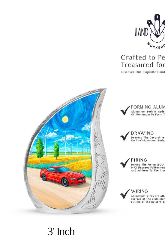 Cornflower Blue Car Cremation Urn angled view of lid and engraved motif - graceful tear-shaped urn with car motif - mini keepsake memorial for portion of cremation ashes