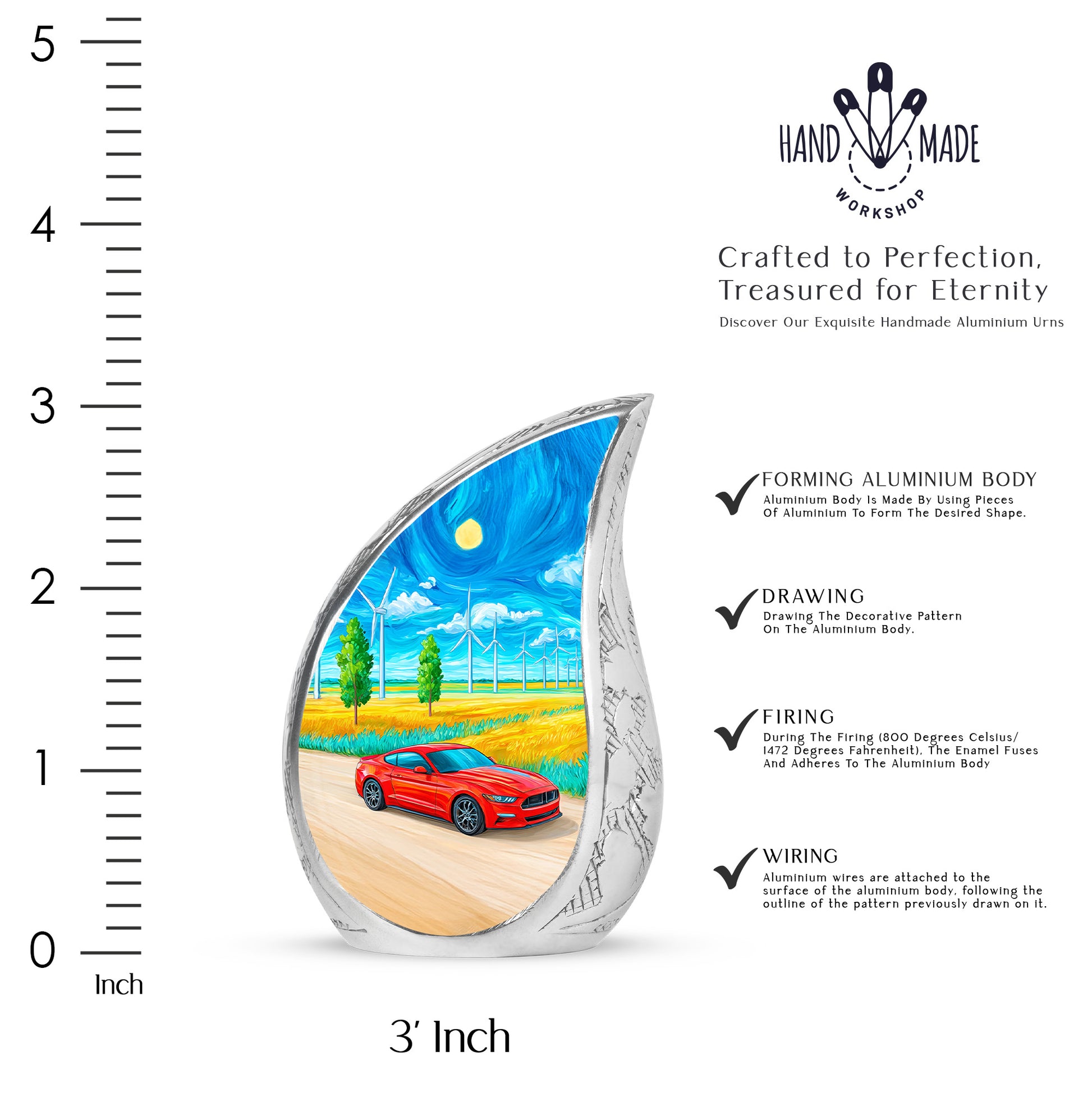 Cornflower Blue Car Cremation Urn angled view of lid and engraved motif - graceful tear-shaped urn with car motif - mini keepsake memorial for portion of cremation ashes