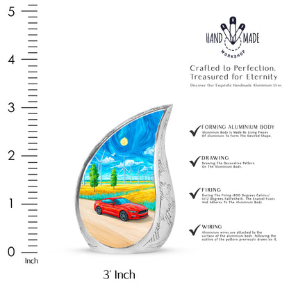 Cornflower Blue Car Cremation Urn angled view of lid and engraved motif - graceful tear-shaped urn with car motif - mini keepsake memorial for portion of cremation ashes
