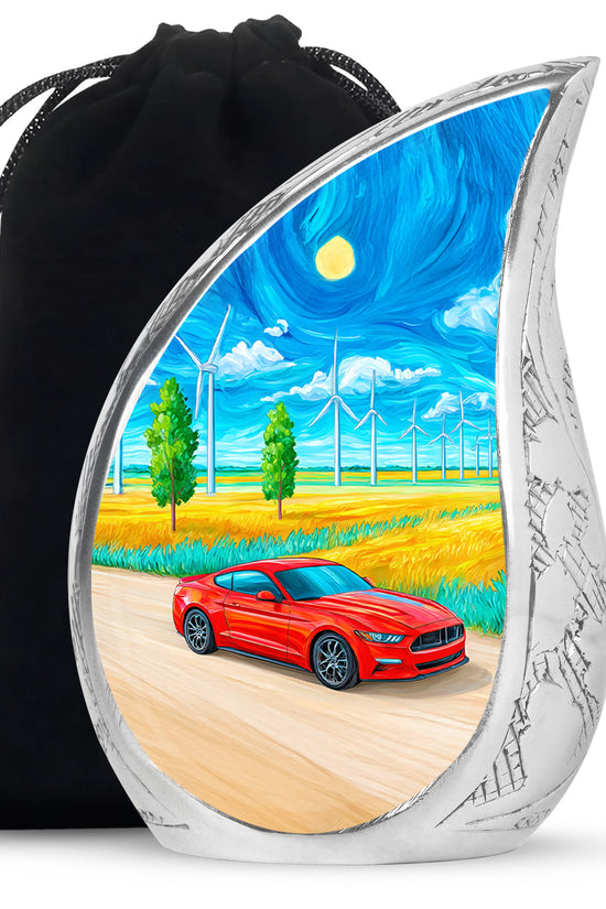 Calming Blue Car Cremation Urn front view showing detailed design - graceful tear-shaped urn with car motif - full-size 10 inch 200 cubic inch adult cremation urn