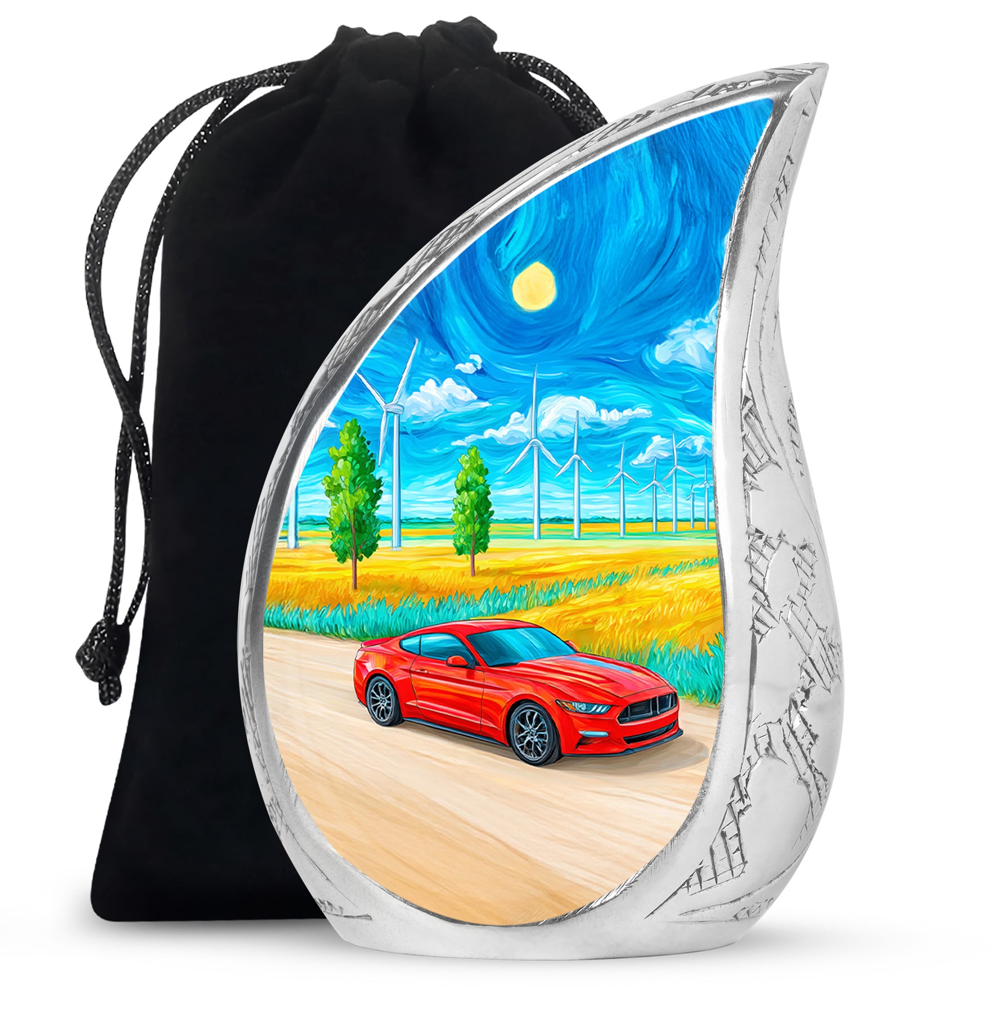 Calming Blue Car Cremation Urn front view showing detailed design - graceful tear-shaped urn with car motif - full-size 10 inch 200 cubic inch adult cremation urn