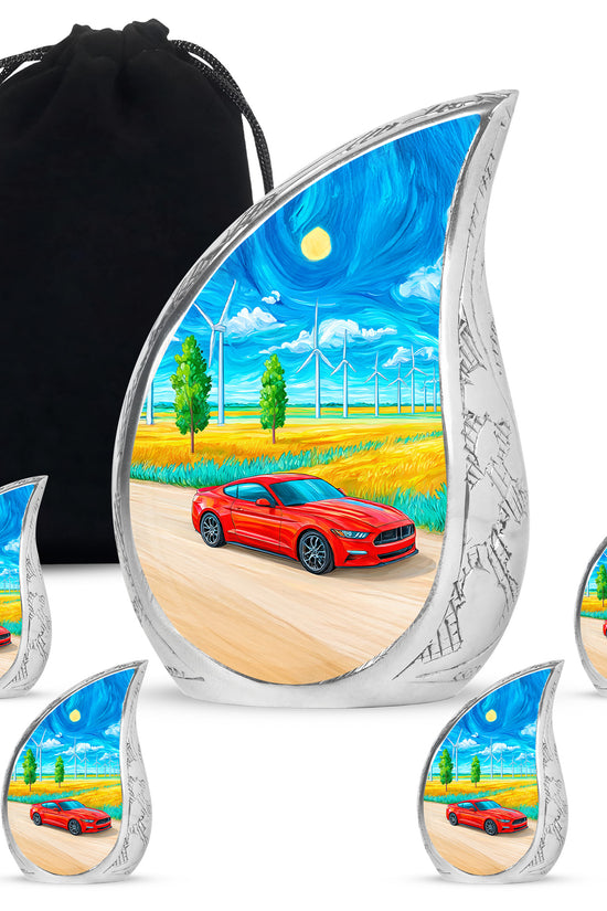 Vivid Blue Car Cremation Urn side profile showing urn shape - smooth teardrop contour featuring car art - memorial set with one large and four small urns