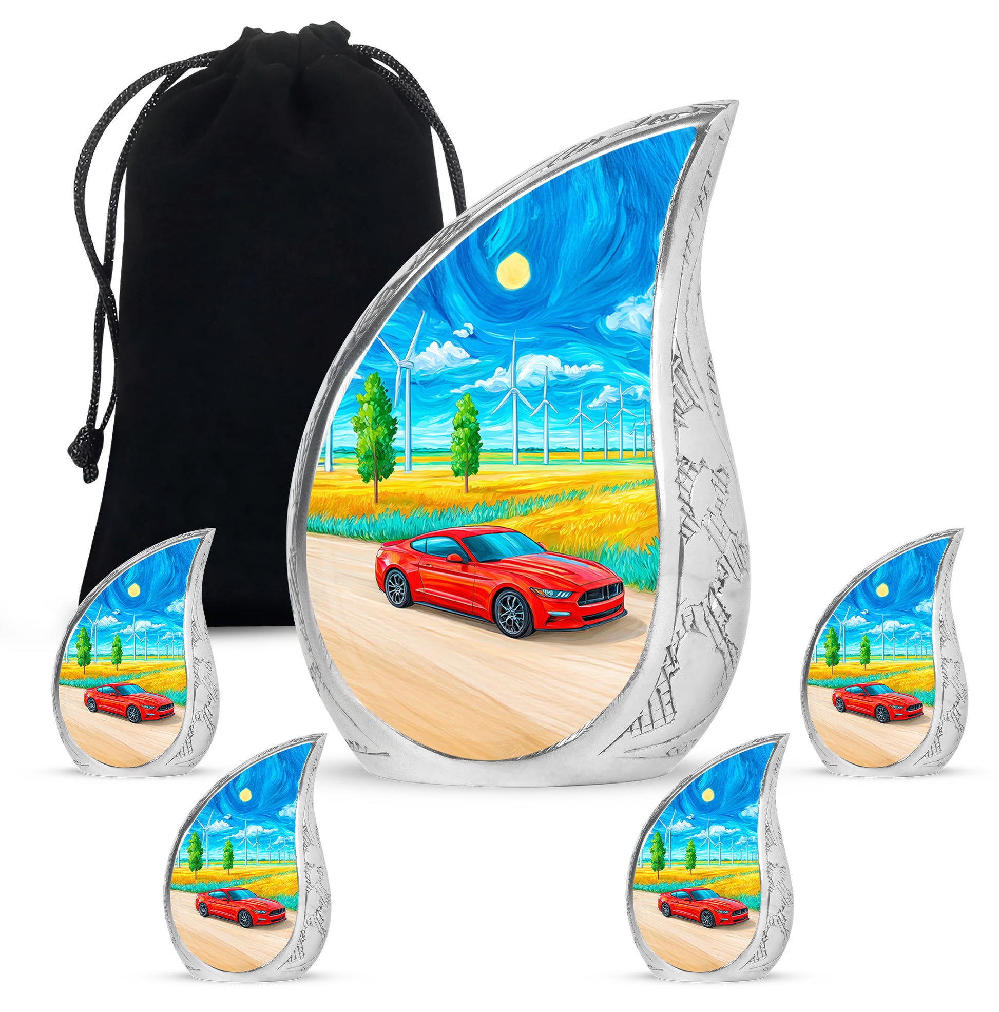 Vivid Blue Car Cremation Urn side profile showing urn shape - smooth teardrop contour featuring car art - memorial set with one large and four small urns