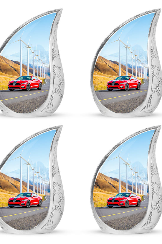 Azure Car Cremation Urn close-up of engraving and surface detail - rounded teardrop car design with delicate detail - 10 inch aluminum urn for cremated remains