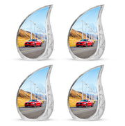 Azure Car Cremation Urn close-up of engraving and surface detail - rounded teardrop car design with delicate detail - 10 inch aluminum urn for cremated remains