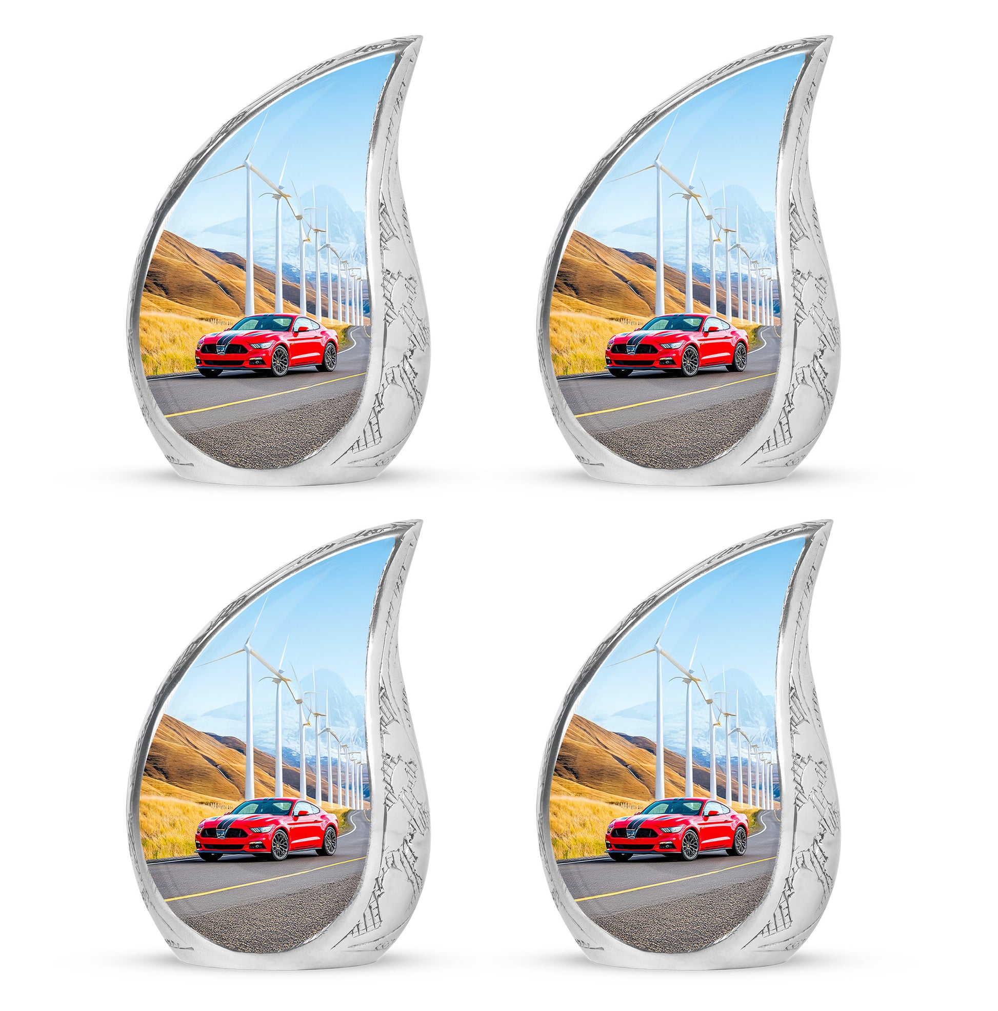 Azure Car Cremation Urn close-up of engraving and surface detail - rounded teardrop car design with delicate detail - 10 inch aluminum urn for cremated remains