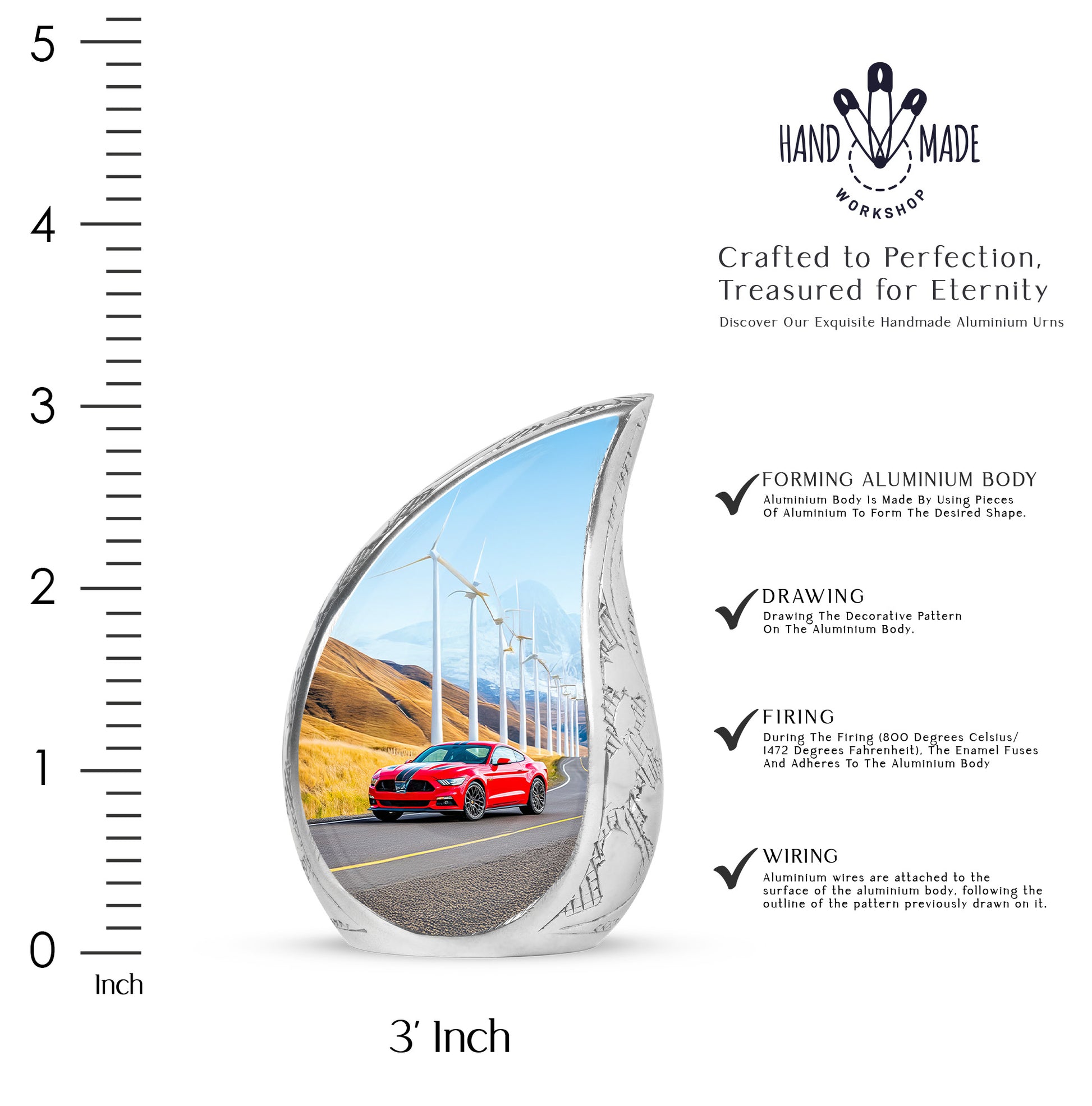 Sky Blue Car Cremation Urn angled view of lid and engraved motif - rounded teardrop car design with delicate detail - mini keepsake memorial for portion of cremation ashes