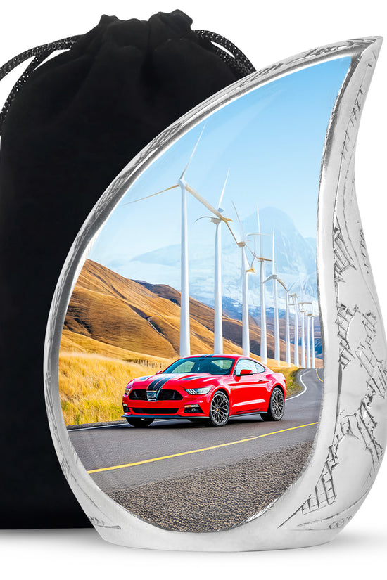 Steel Blue Car Cremation Urn front view showing detailed design - smooth teardrop contour featuring car art - full-size 10 inch 200 cubic inch adult cremation urn