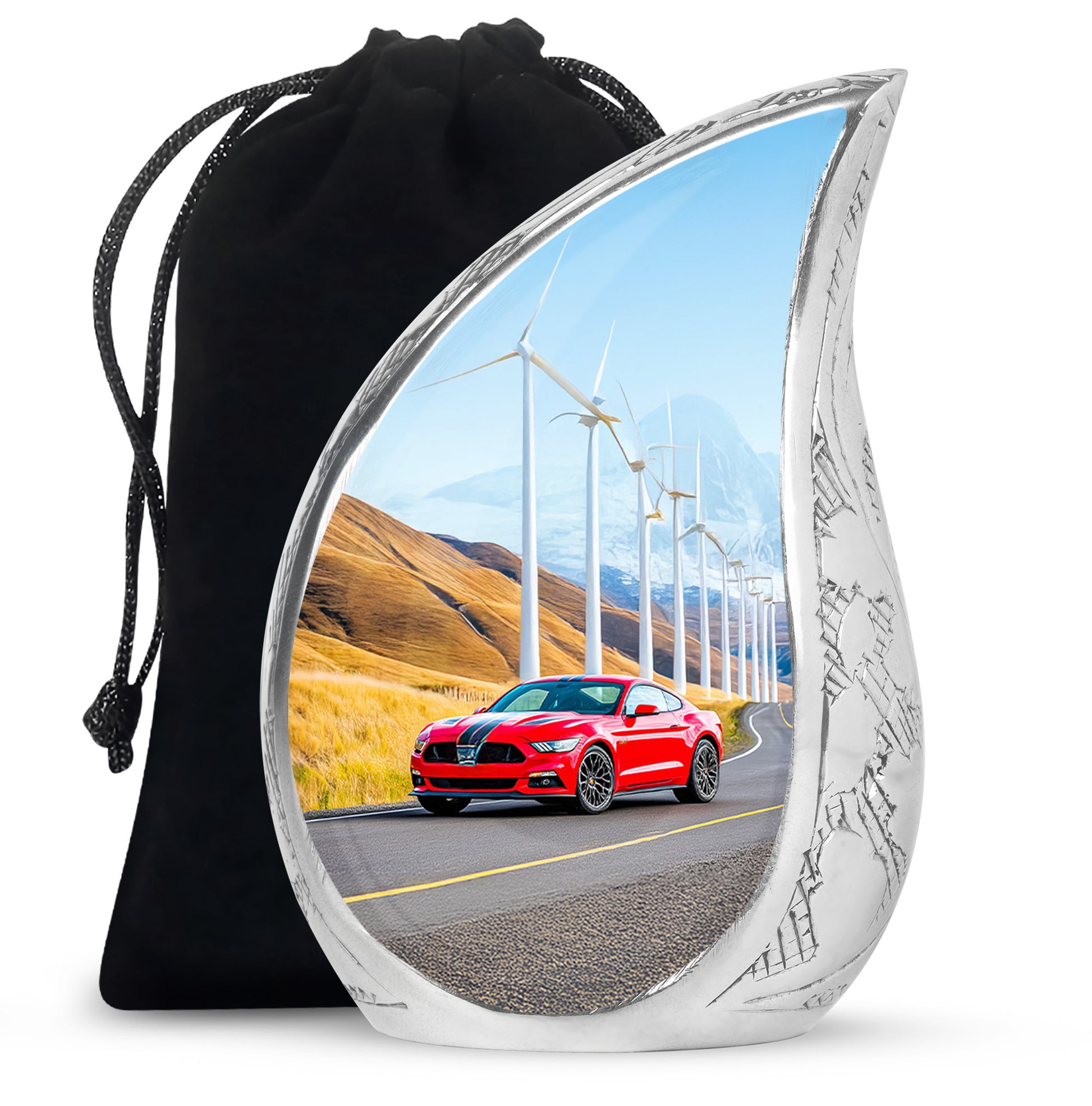 Steel Blue Car Cremation Urn front view showing detailed design - smooth teardrop contour featuring car art - full-size 10 inch 200 cubic inch adult cremation urn
