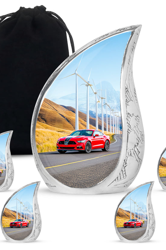 Steel Blue Car Cremation Urn side profile showing urn shape - graceful tear-shaped urn with car motif - memorial set with one large and four small urns