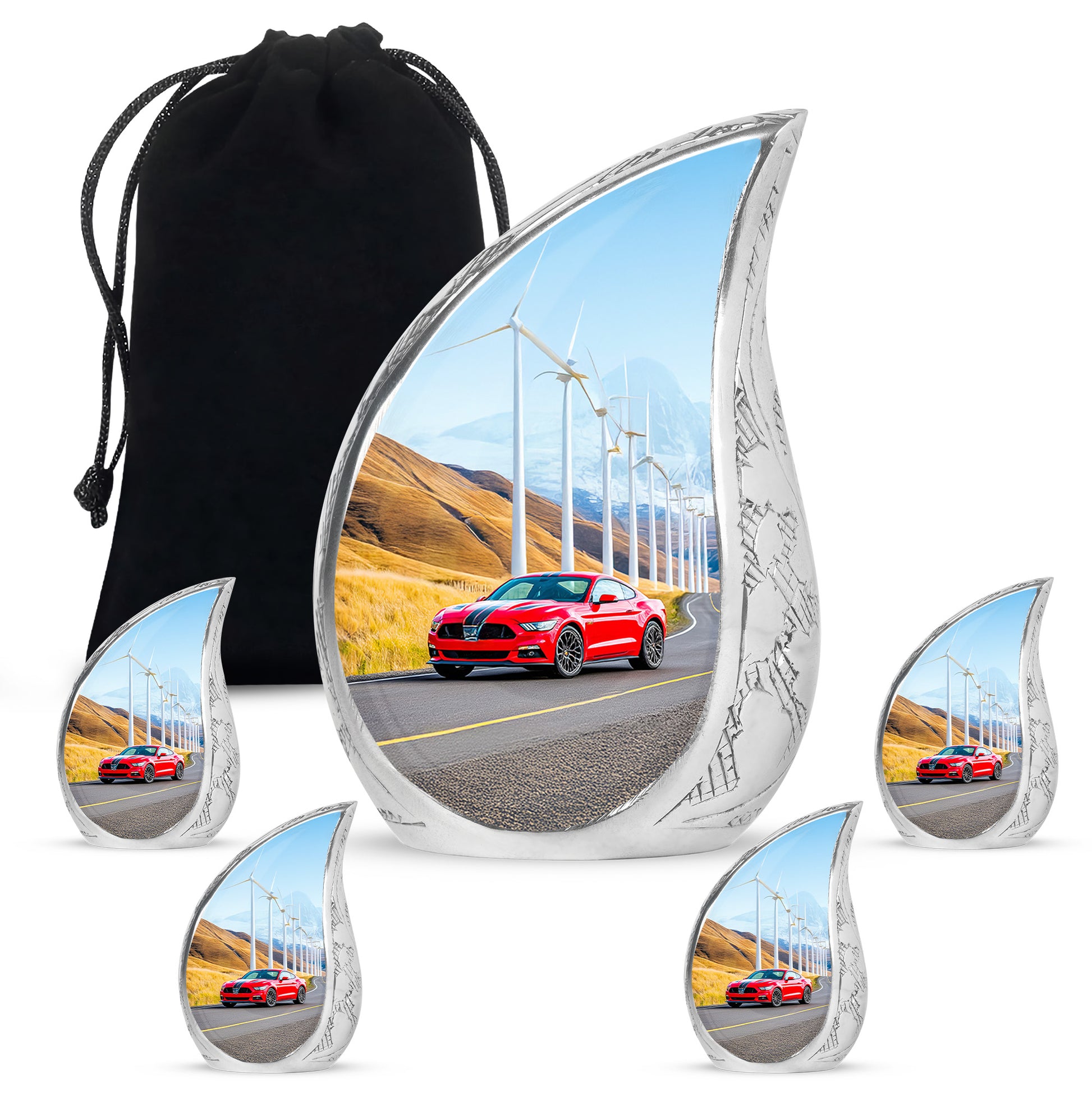 Steel Blue Car Cremation Urn side profile showing urn shape - graceful tear-shaped urn with car motif - memorial set with one large and four small urns