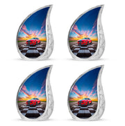 Cornflower Blue Car Cremation Urn close-up of engraving and surface detail - smooth teardrop contour featuring car art - 10 inch aluminum urn for cremated remains
