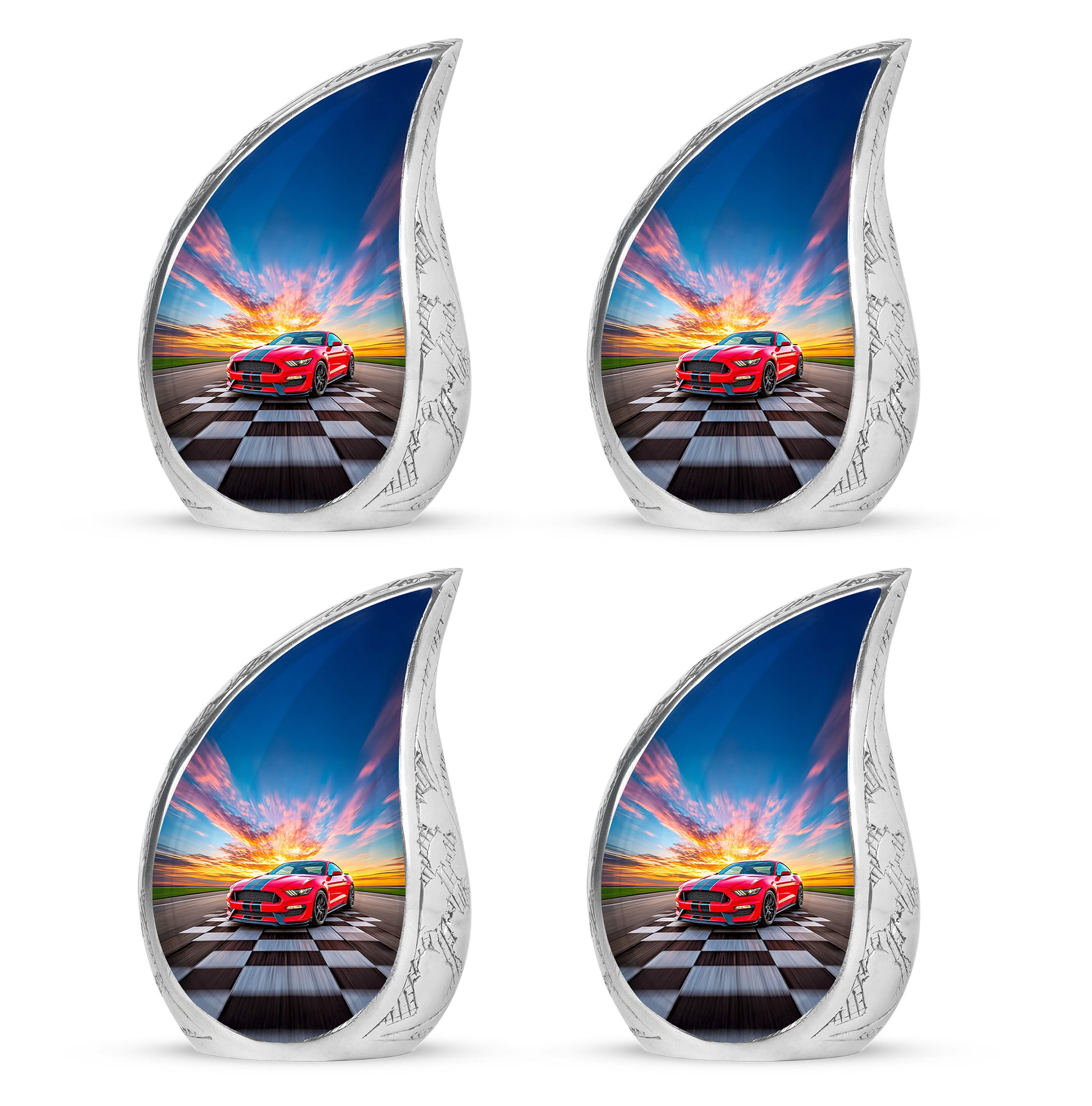 Cornflower Blue Car Cremation Urn close-up of engraving and surface detail - smooth teardrop contour featuring car art - 10 inch aluminum urn for cremated remains