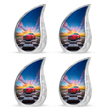 Cornflower Blue Car Cremation Urn close-up of engraving and surface detail - smooth teardrop contour featuring car art - 10 inch aluminum urn for cremated remains