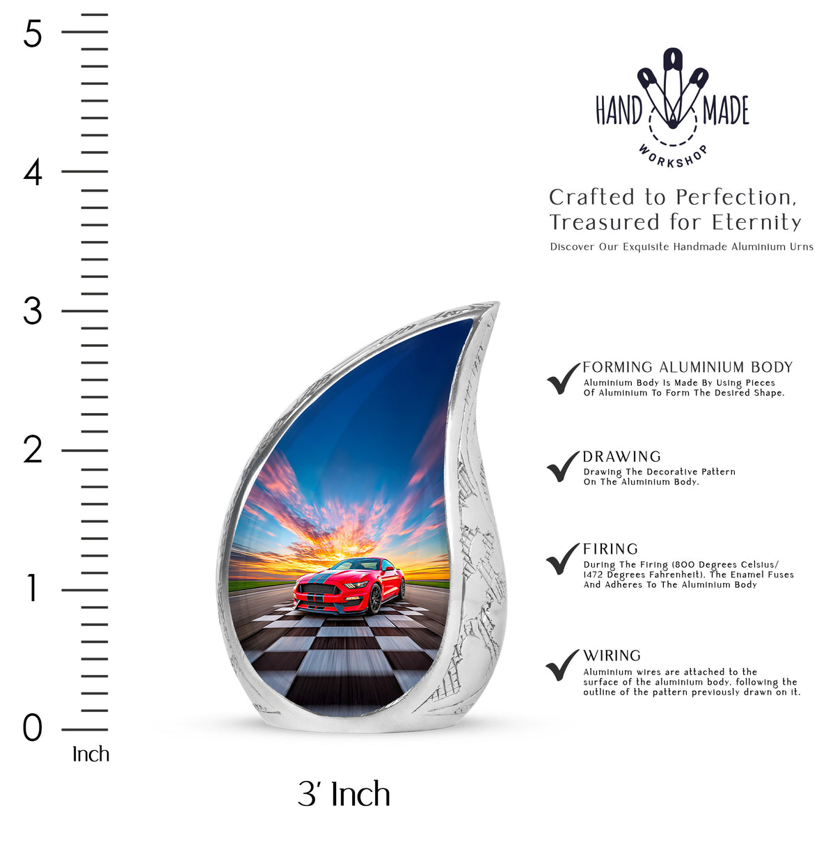 Slate Blue Car Cremation Urn angled view of lid and engraved motif - flowing teardrop car silhouette on curved aluminum - mini keepsake memorial for portion of cremation ashes
