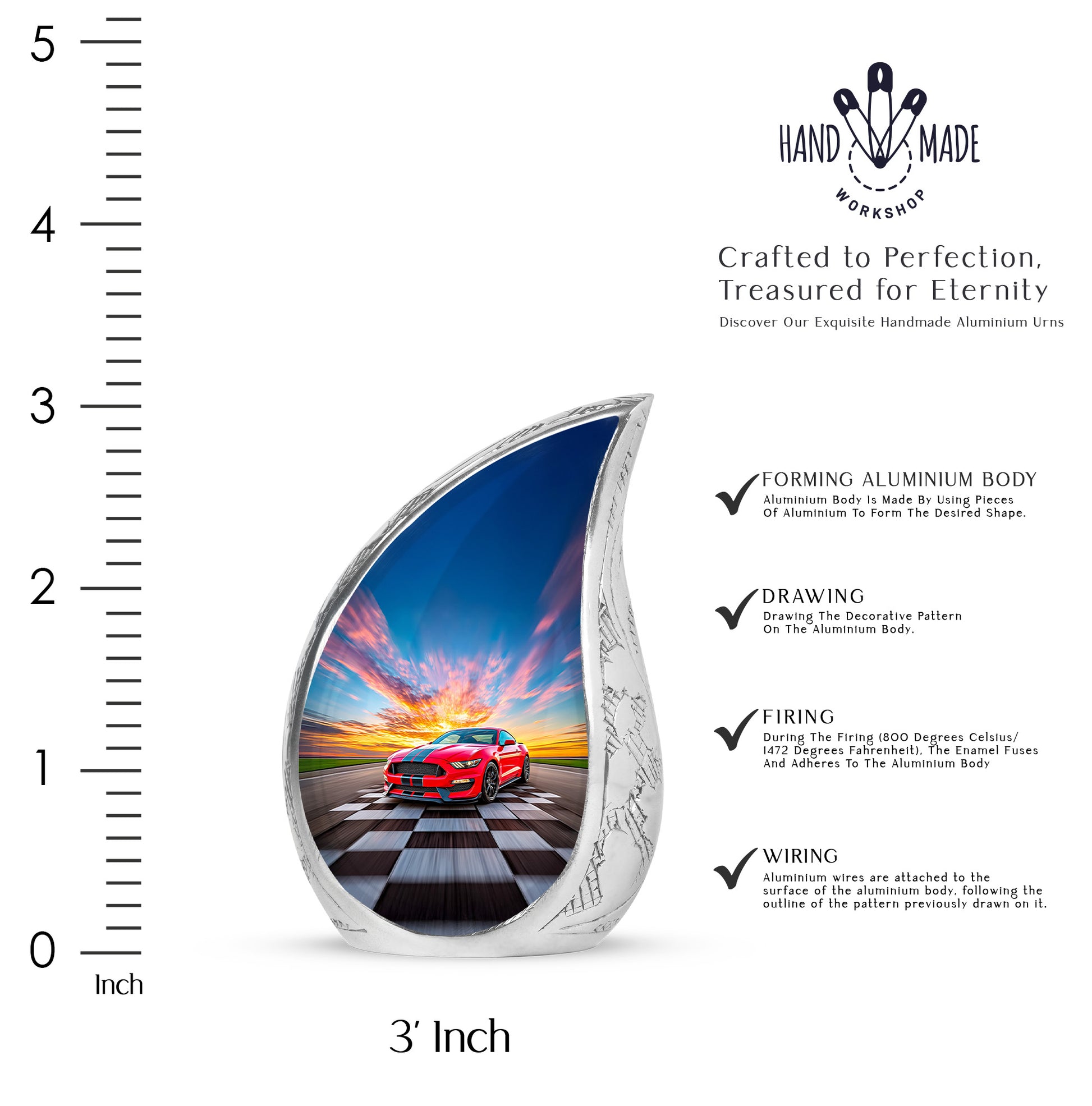 Slate Blue Car Cremation Urn angled view of lid and engraved motif - flowing teardrop car silhouette on curved aluminum - mini keepsake memorial for portion of cremation ashes