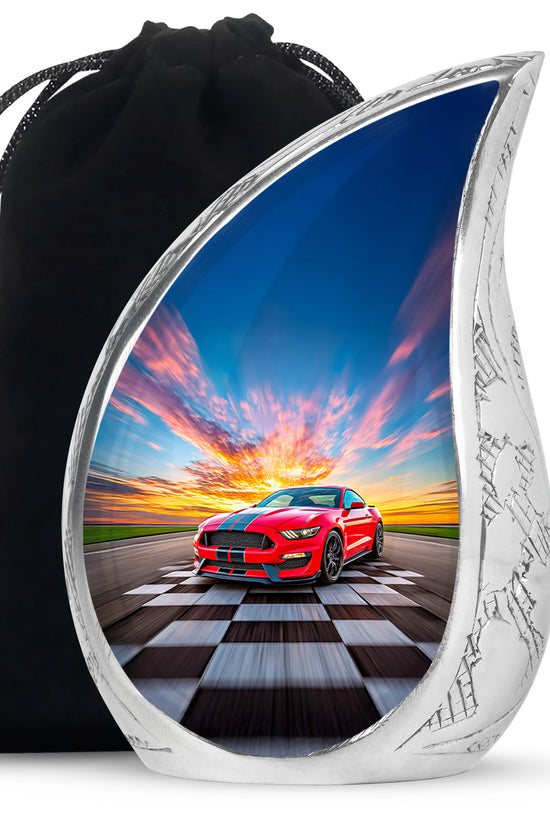 Steel Blue Car Cremation Urn front view showing detailed design - graceful tear-shaped urn with car motif - full-size 10 inch 200 cubic inch adult cremation urn