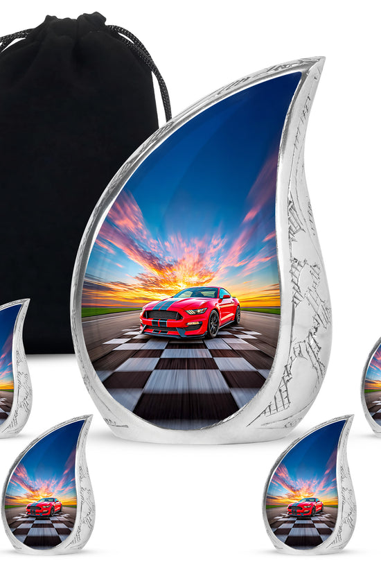 Icy Blue Car Cremation Urn side profile showing urn shape - rounded teardrop car design with delicate detail - memorial set with one large and four small urns