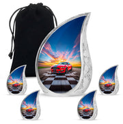 Icy Blue Car Cremation Urn side profile showing urn shape - rounded teardrop car design with delicate detail - memorial set with one large and four small urns