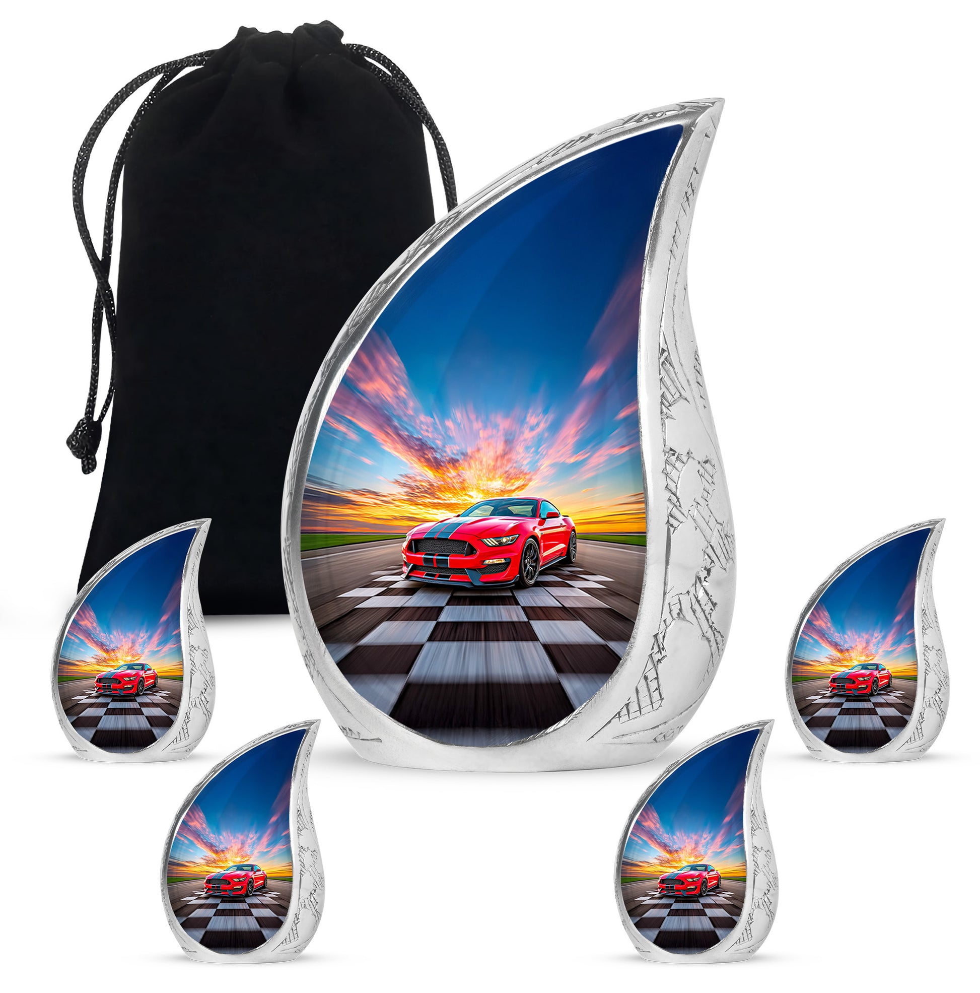Icy Blue Car Cremation Urn side profile showing urn shape - rounded teardrop car design with delicate detail - memorial set with one large and four small urns