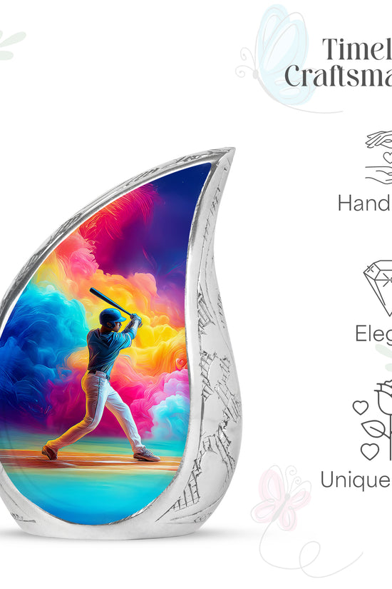 Soft Blue Baseball Cremation Urn angled view of lid and engraved motif - smooth teardrop contour featuring baseball art - mini keepsake memorial for portion of cremation ashes