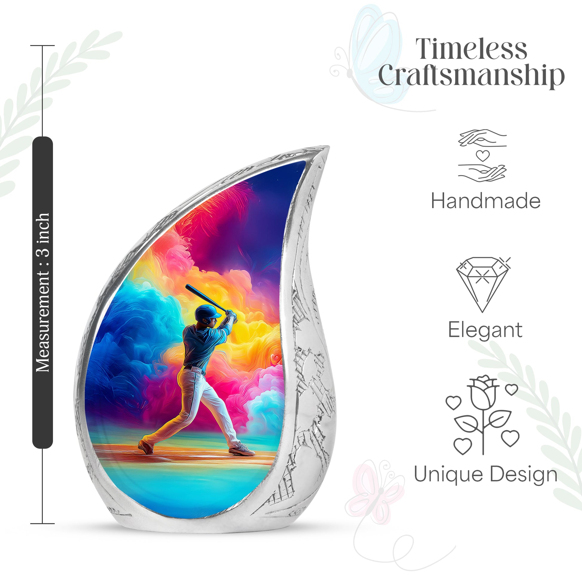 Soft Blue Baseball Cremation Urn angled view of lid and engraved motif - smooth teardrop contour featuring baseball art - mini keepsake memorial for portion of cremation ashes