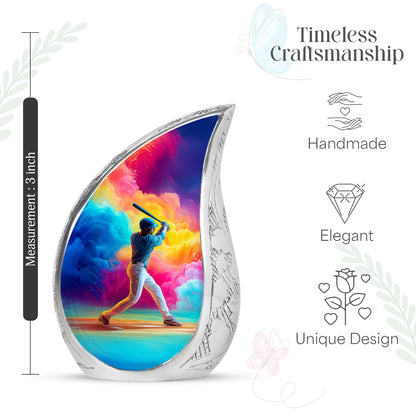 Soft Blue Baseball Cremation Urn angled view of lid and engraved motif - smooth teardrop contour featuring baseball art - mini keepsake memorial for portion of cremation ashes