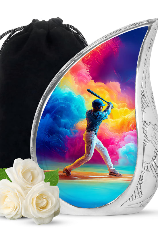 Cobalt Blue Baseball Cremation Urn front view showing detailed design - graceful tear-shaped urn with baseball motif - full-size 10 inch 200 cubic inch adult cremation urn