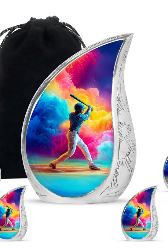 Celestial Blue Baseball Cremation Urn side profile showing urn shape - flowing teardrop baseball silhouette on curved aluminum - memorial set with one large and four small urns