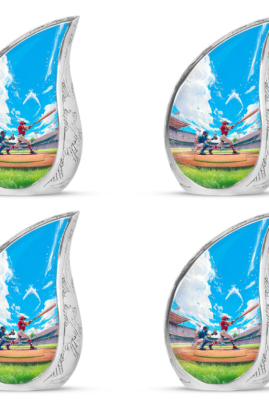 Powder Blue Baseball Cremation Urn close-up of engraving and surface detail - flowing teardrop baseball silhouette on curved aluminum - 10 inch aluminum urn for cremated remains