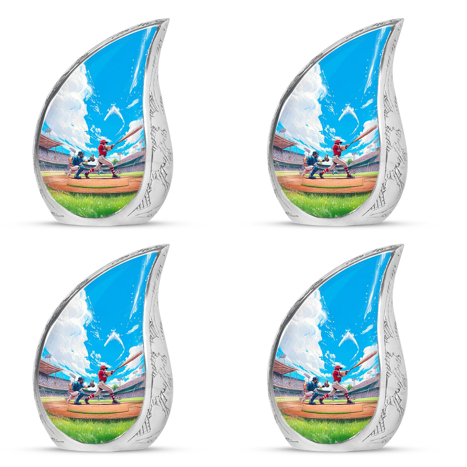 Powder Blue Baseball Cremation Urn close-up of engraving and surface detail - flowing teardrop baseball silhouette on curved aluminum - 10 inch aluminum urn for cremated remains