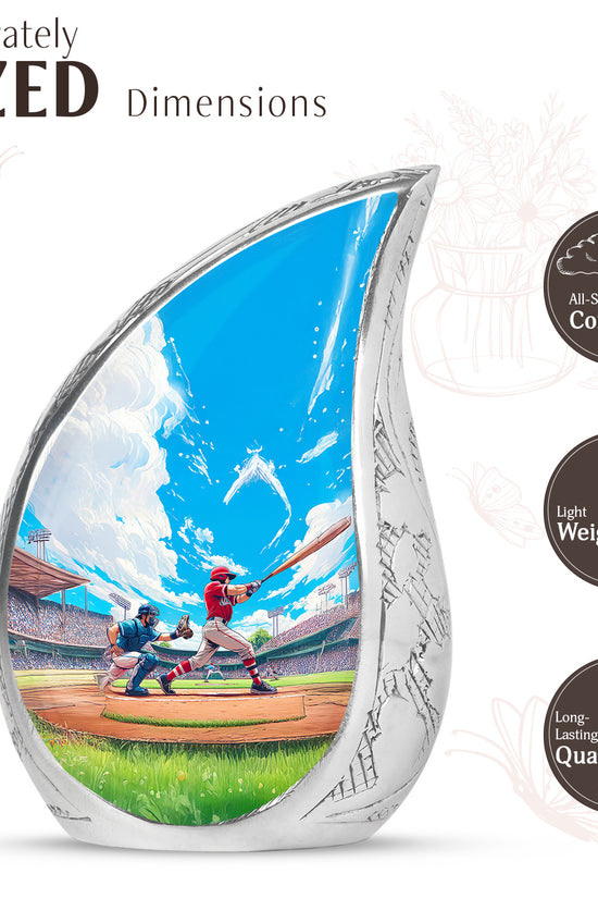 Misty Blue Baseball Cremation Urn angled view of lid and engraved motif - rounded teardrop baseball design with delicate detail - mini keepsake memorial for portion of cremation ashes