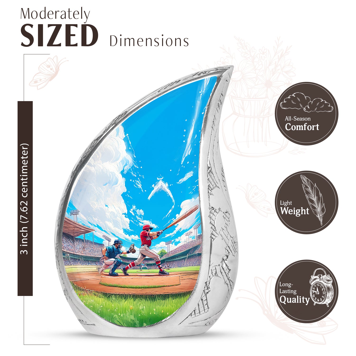 Misty Blue Baseball Cremation Urn angled view of lid and engraved motif - rounded teardrop baseball design with delicate detail - mini keepsake memorial for portion of cremation ashes