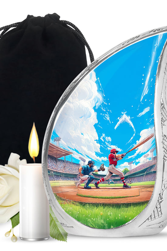 Cobalt Blue Baseball Cremation Urn front view showing detailed design - graceful tear-shaped urn with baseball motif - full-size 10 inch 200 cubic inch adult cremation urn