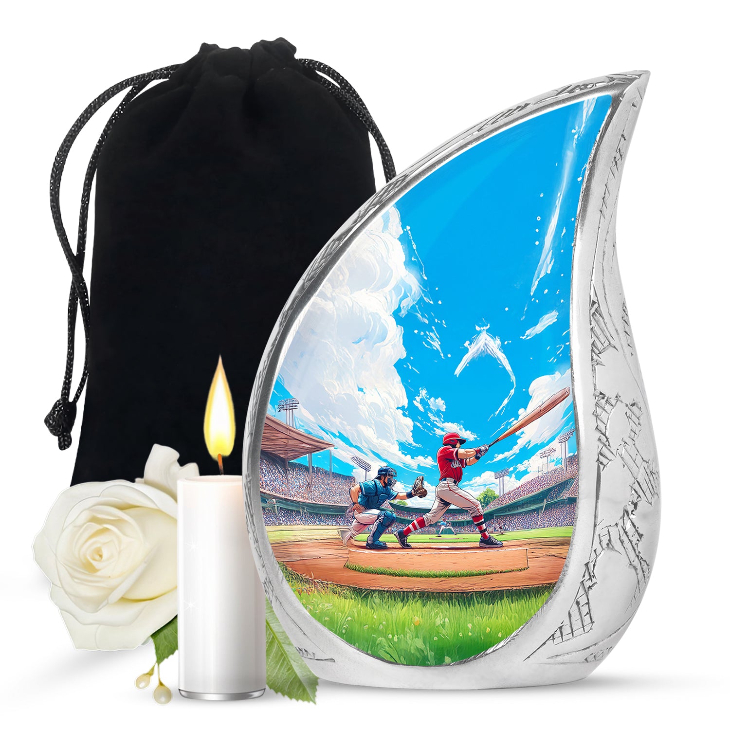Cobalt Blue Baseball Cremation Urn front view showing detailed design - graceful tear-shaped urn with baseball motif - full-size 10 inch 200 cubic inch adult cremation urn